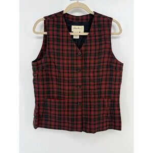 VTG Eddie Bauer Wool Vest Womens M Red Black Gray Plaid Pockets 90s Gorpcore